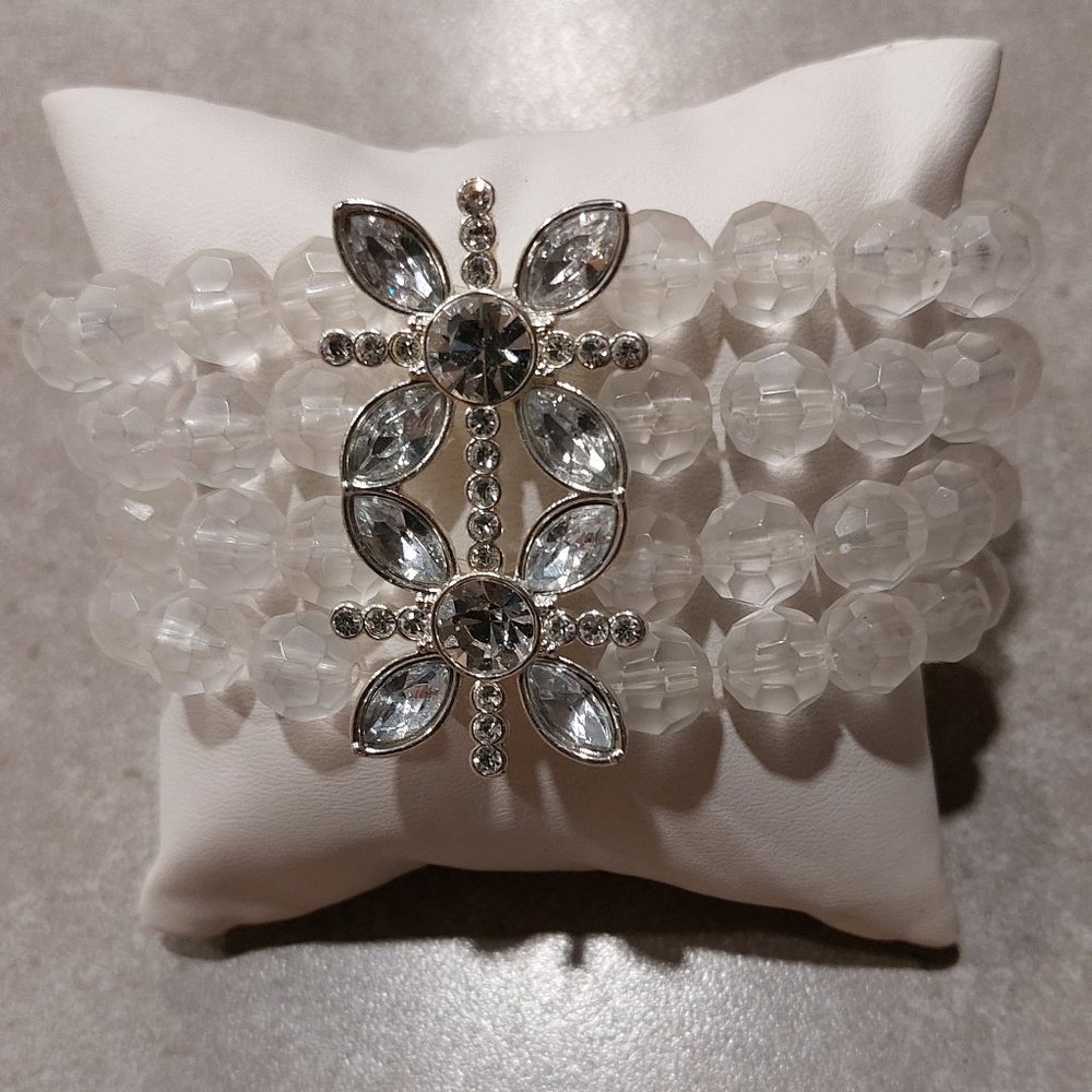 Women's Clear/Frosted 4 Rows Stretch Ball Beads Bracelet w/Rhinestone Accent